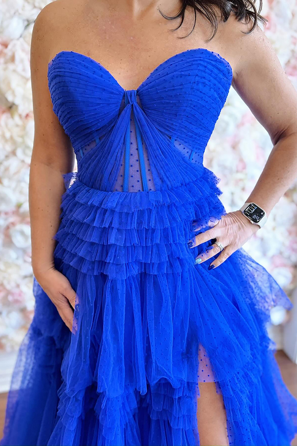 Royal Blue Polka Dots Corset Sweetheart Long Prom Dress with Slit