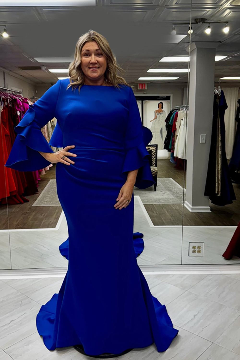 Navy Satin Mermaid Long Mother of the Bride Dress with Sleeves