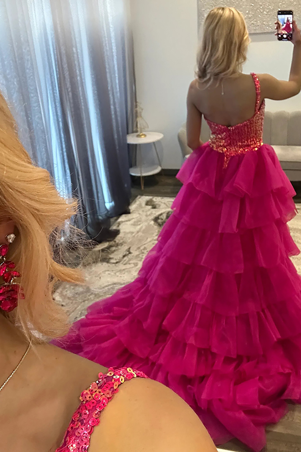 Sparkly Peacock Blue Sequins One Shoulder Long Prom Dress with Cape