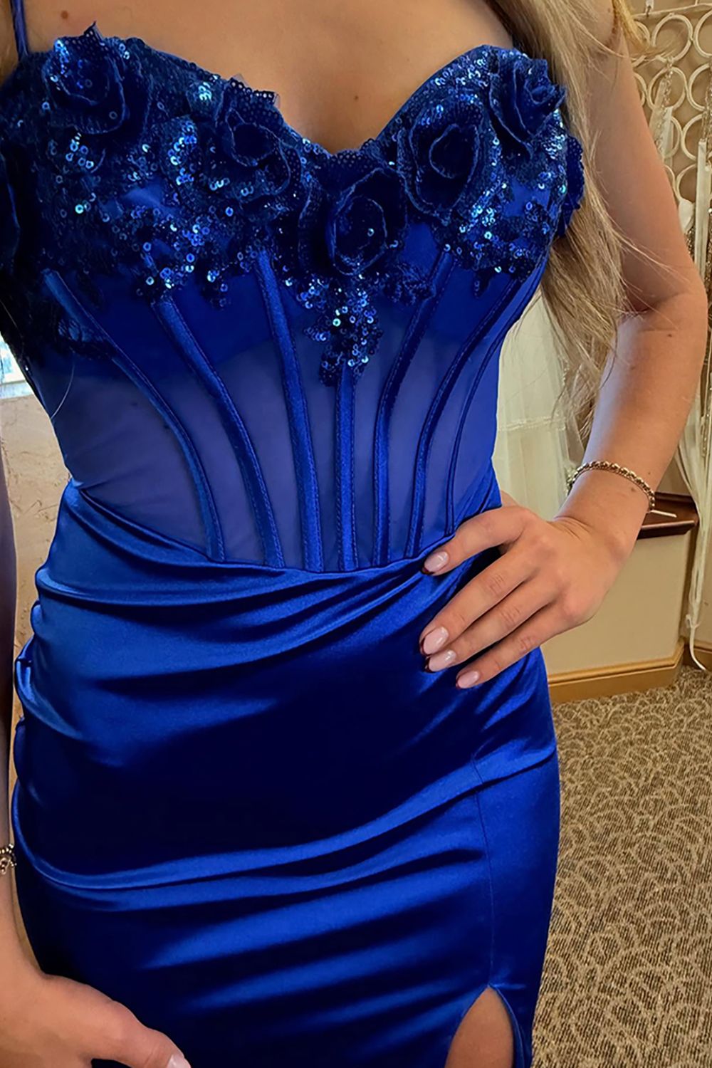 Sparkly Royal Blue Corset Mermaid Satin Long Prom Dress with Sequins
