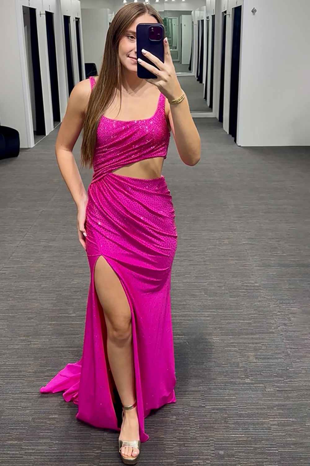 Sparkly Fuchsia Beaded Mermaid Cut Out Long Prom Dress with Slit