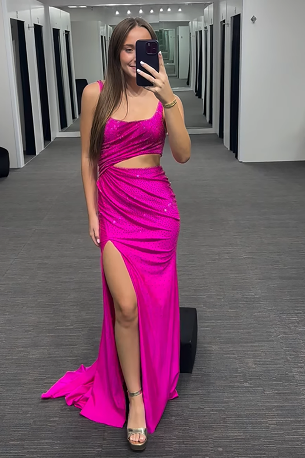 Sparkly Fuchsia Beaded Mermaid Cut Out Long Prom Dress with Slit