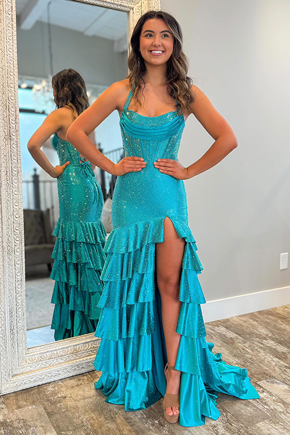 Sparkly Mermaid Ruffled Peacock Green Corset Long Prom Dress with Slit