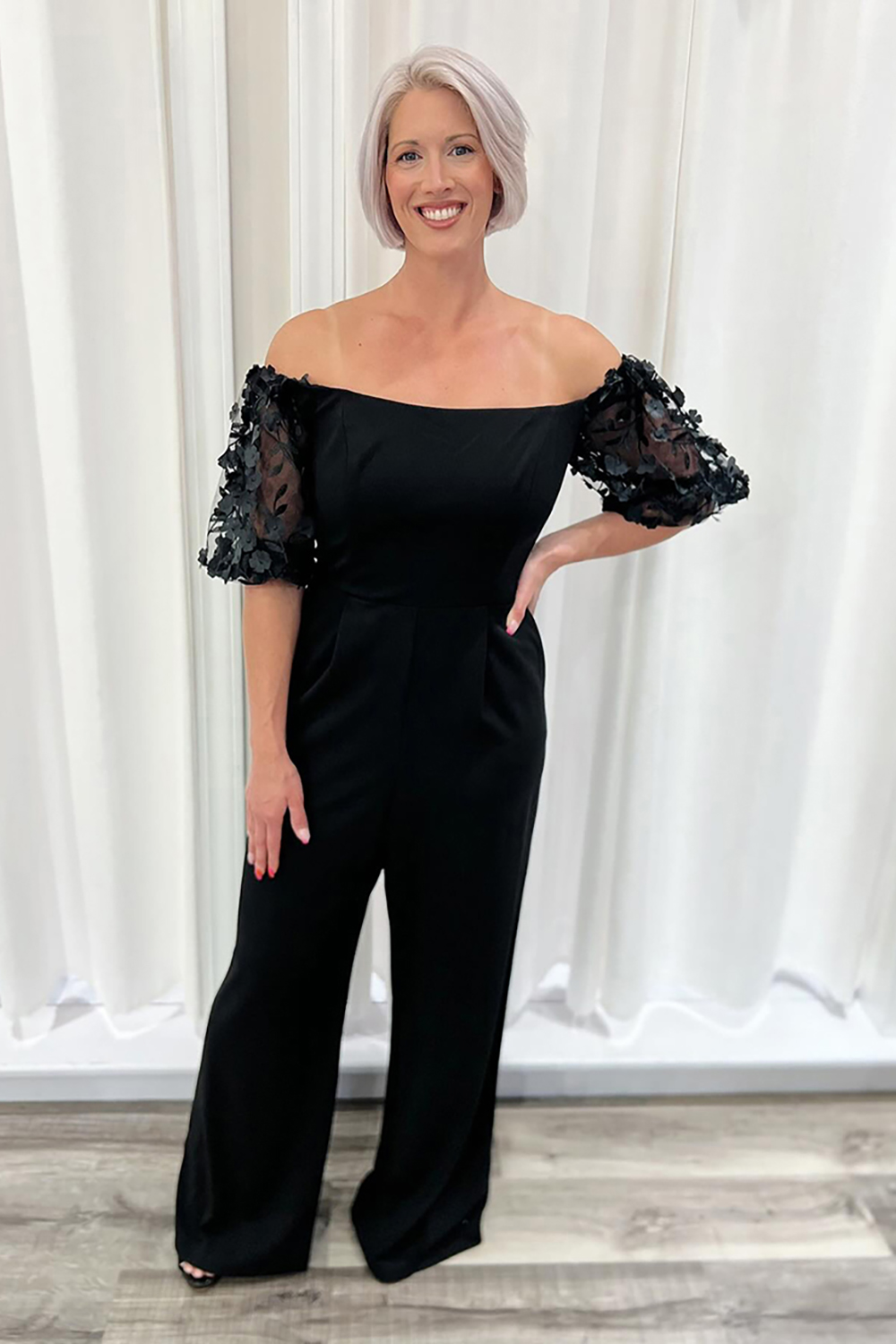Off the Shoulder Black Floral Long Mother of the Bride Jumpsuits