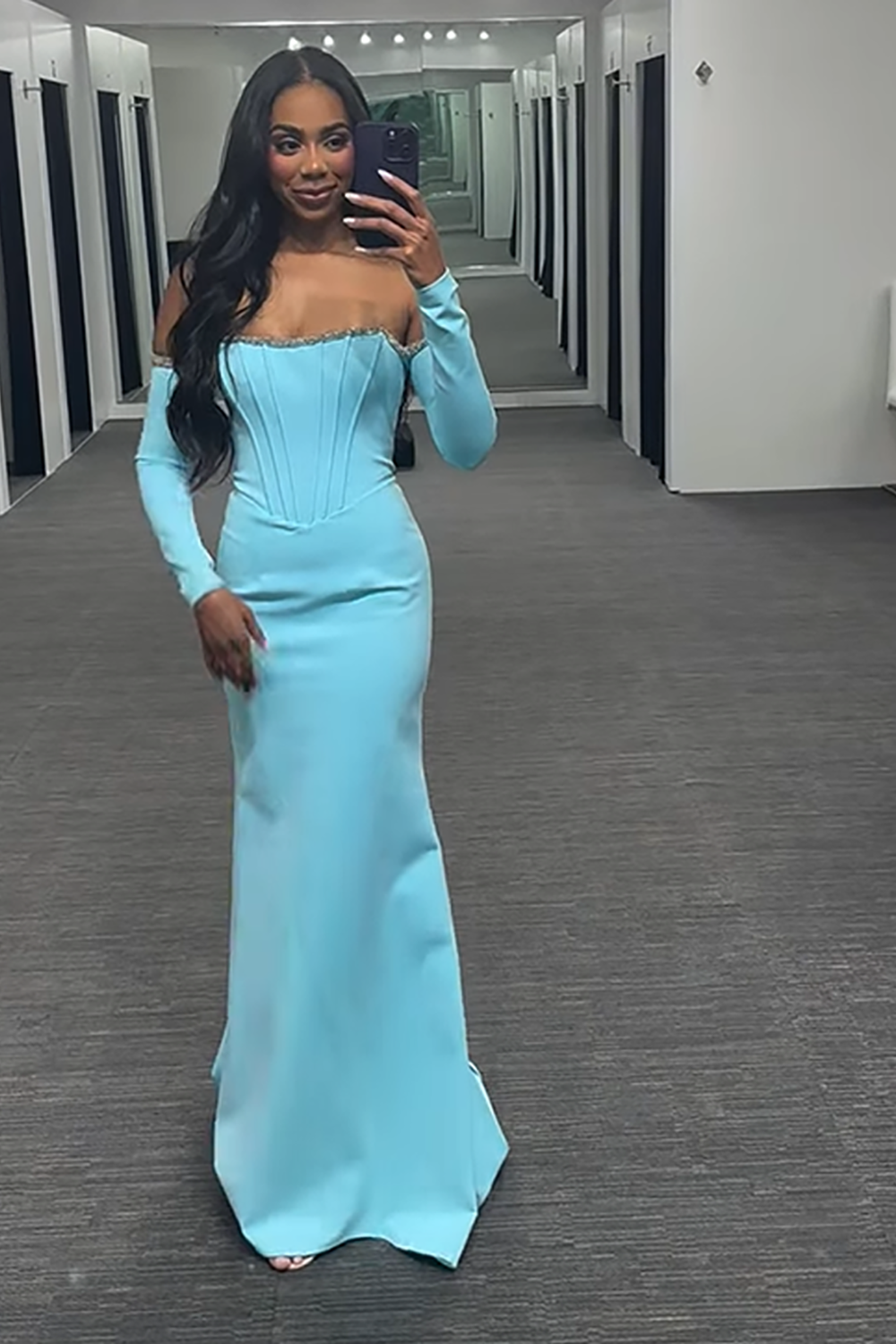 Sparkly Light Blue Mermaid Corset Long Sleeves Prom Dress