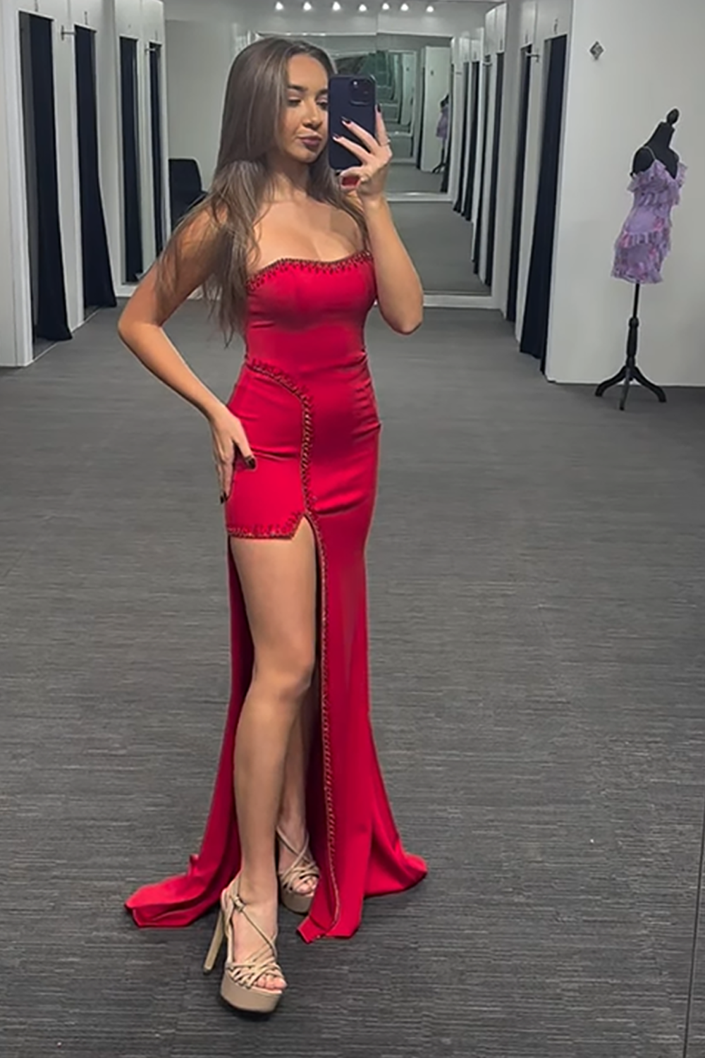 Sparkly Red Beaded Mermaid Strapless Long Prom Dress with Slit