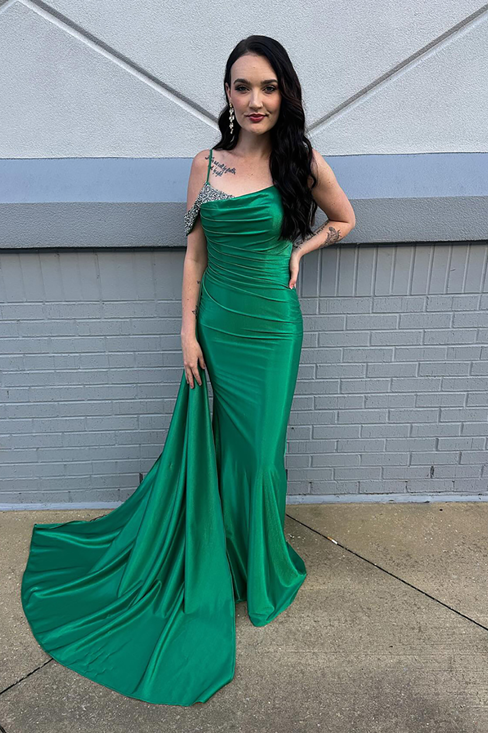 Sparkly Green Mermaid Satin Ruched Long Prom Dress with Side Cape