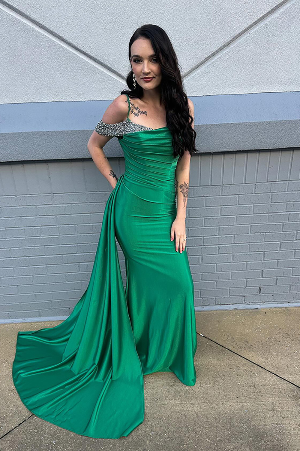 Sparkly Green Mermaid Satin Ruched Long Prom Dress with Side Cape