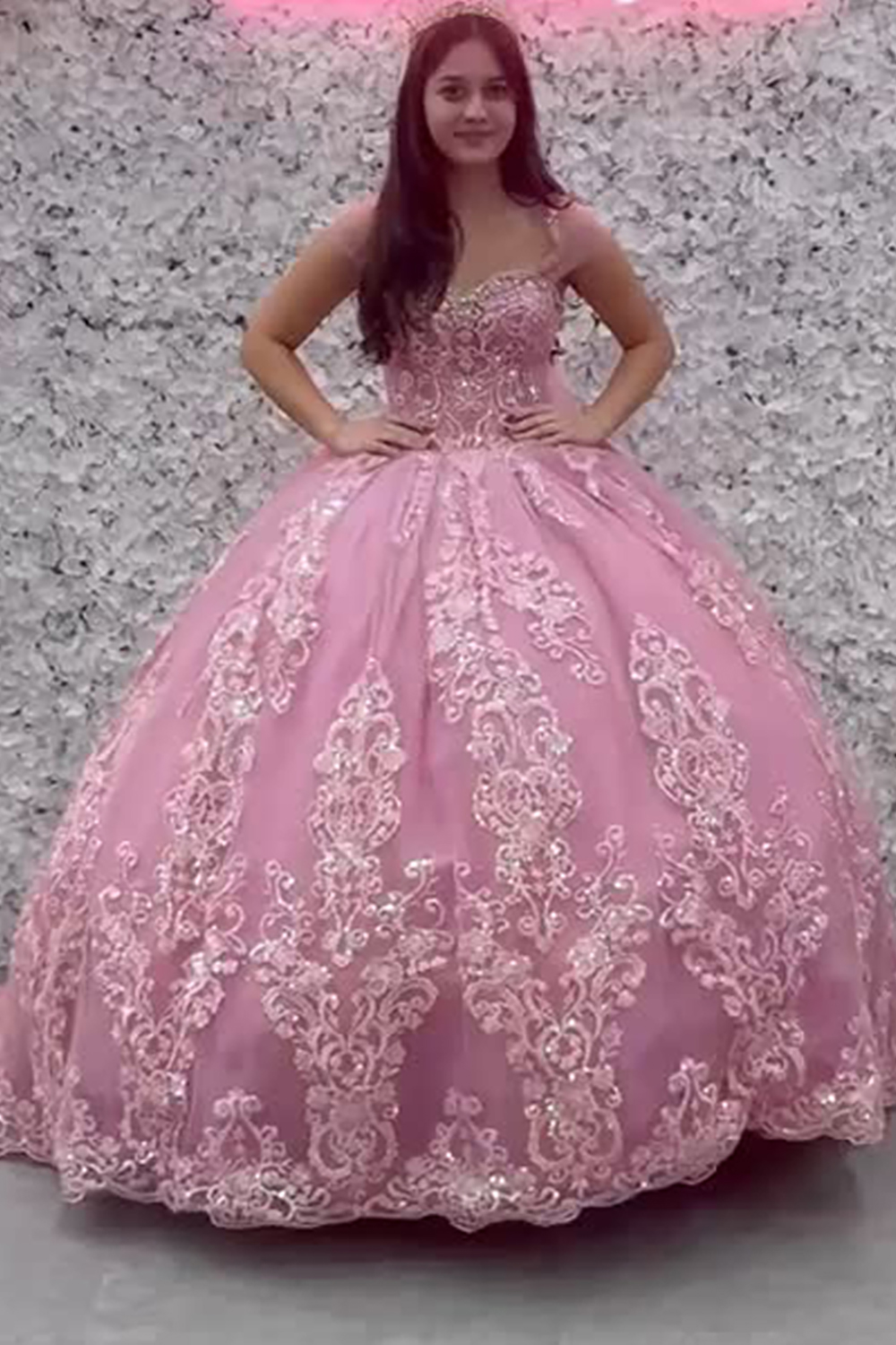 Pink Tulle Princess Ball Gown Long Quinceanera Dress with Embroidery