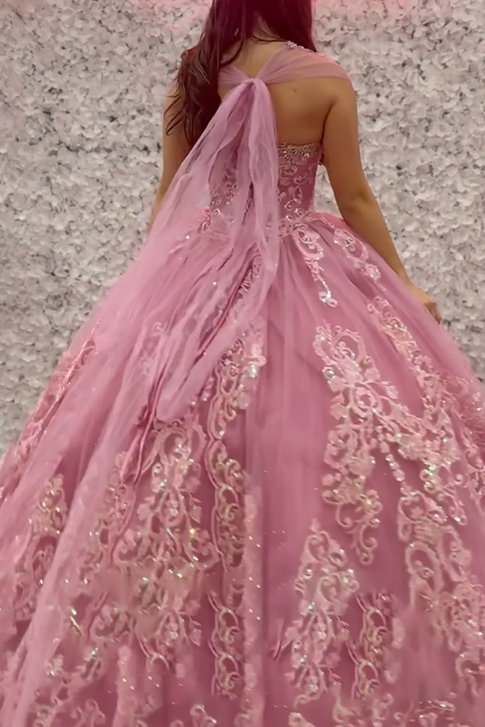 Pink Tulle Princess Ball Gown Long Quinceanera Dress with Embroidery