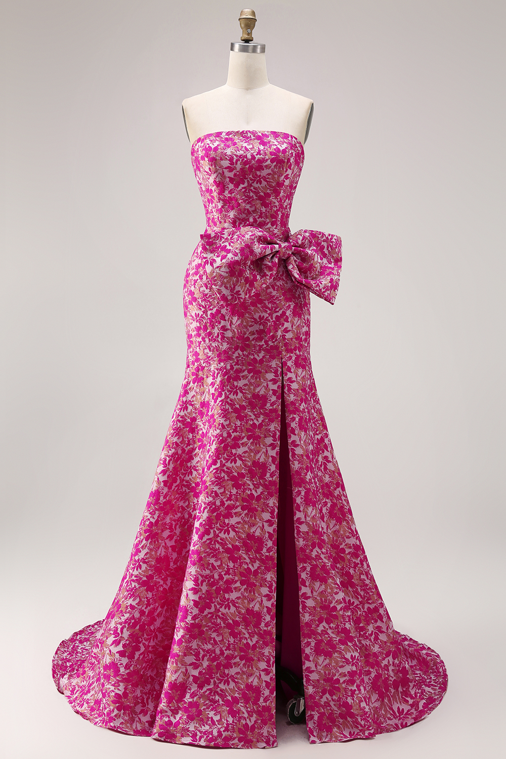 Fuchsia Flower Jacquard Mermaid Corset Long Prom Dress with Bow