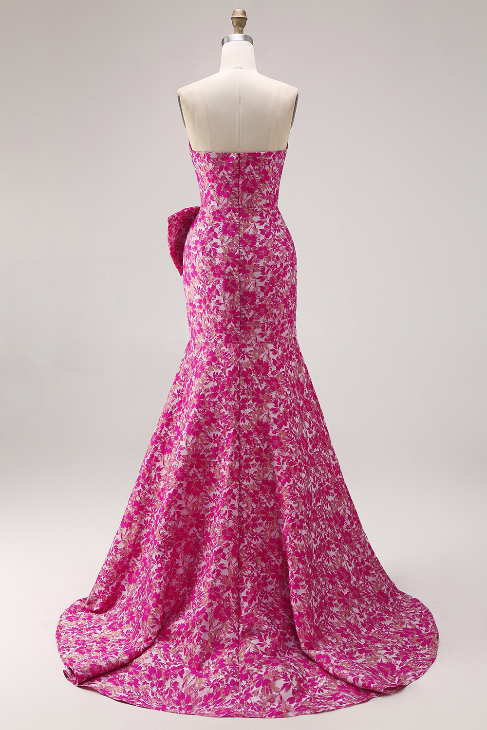 Fuchsia Flower Jacquard Mermaid Corset Long Prom Dress with Bow