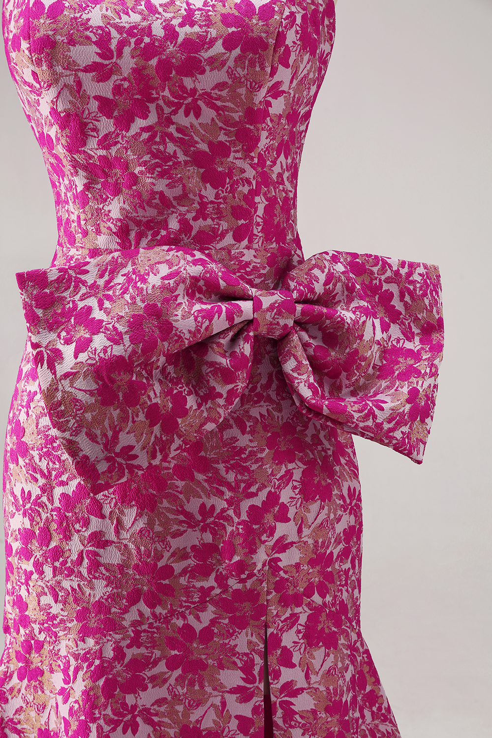 Fuchsia Flower Jacquard Mermaid Corset Long Prom Dress with Bow