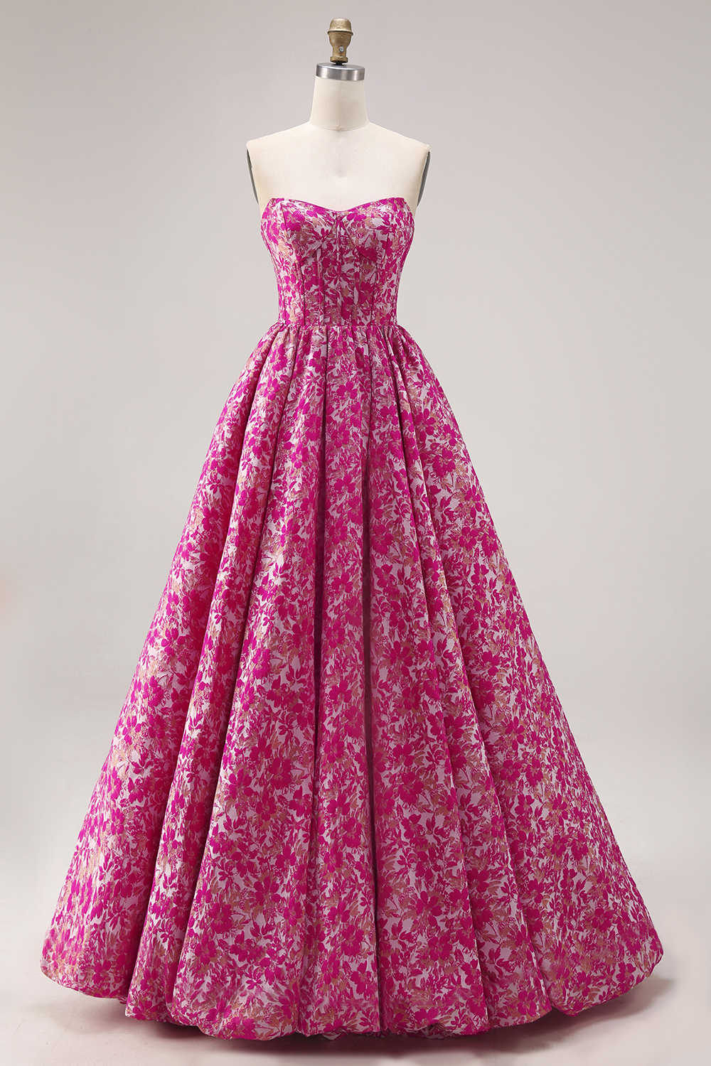Fuchsia Flower A Line Corset Strapless Jacquard Long Prom Dress