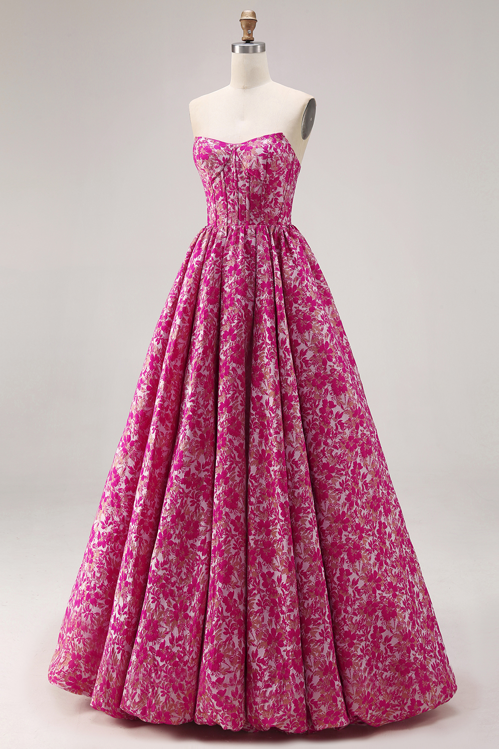 Fuchsia Flower A Line Corset Strapless Jacquard Long Prom Dress
