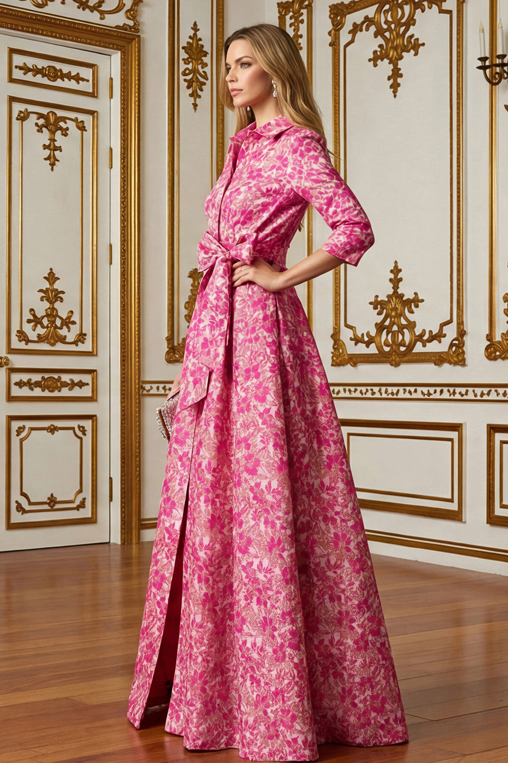 Fuchsia Lapel Neck Floral Long Mother of the Bride Dress with Bow
