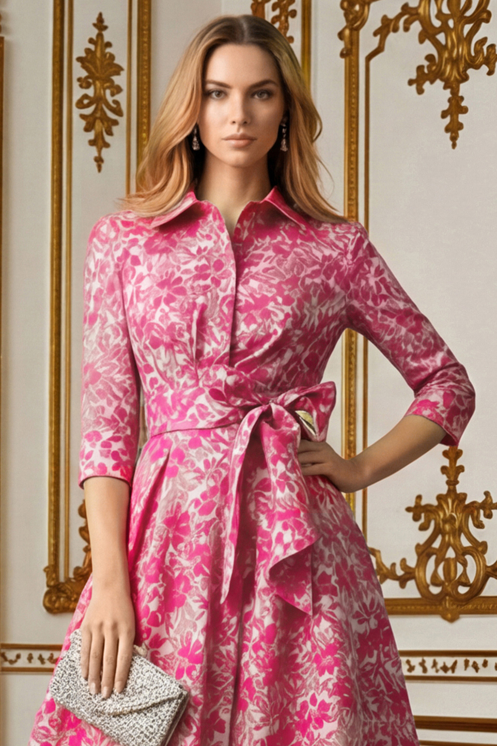 Fuchsia Lapel Neck Floral Long Mother of the Bride Dress with Bow