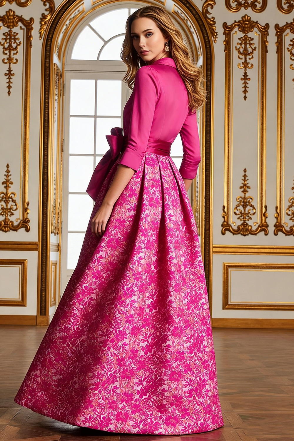 Floral Fuchsia Lapel Neck Long A Line Mother of the Bride Dress with Slit
