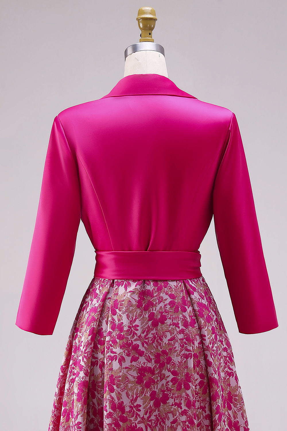 Floral Fuchsia Shirt Collar A Line Long Mother of the Bride Dress with Sleeves