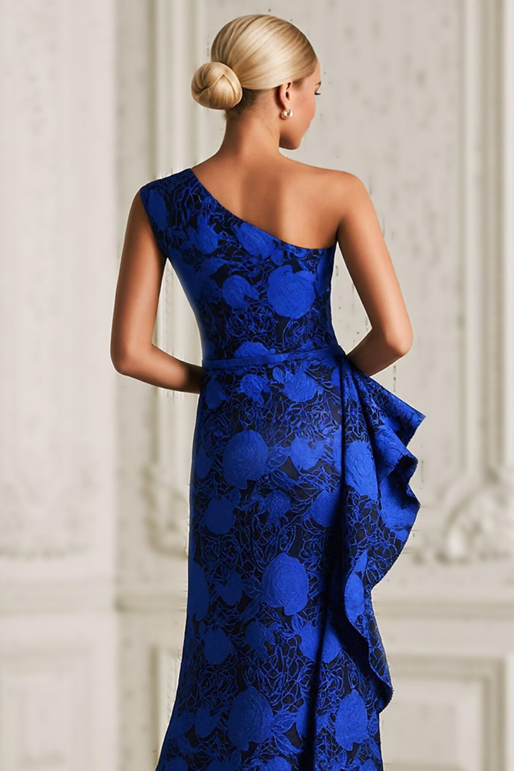 Royal Blue Mermaid Floral Ruffled Long Mother of the Bride Dress with Slit