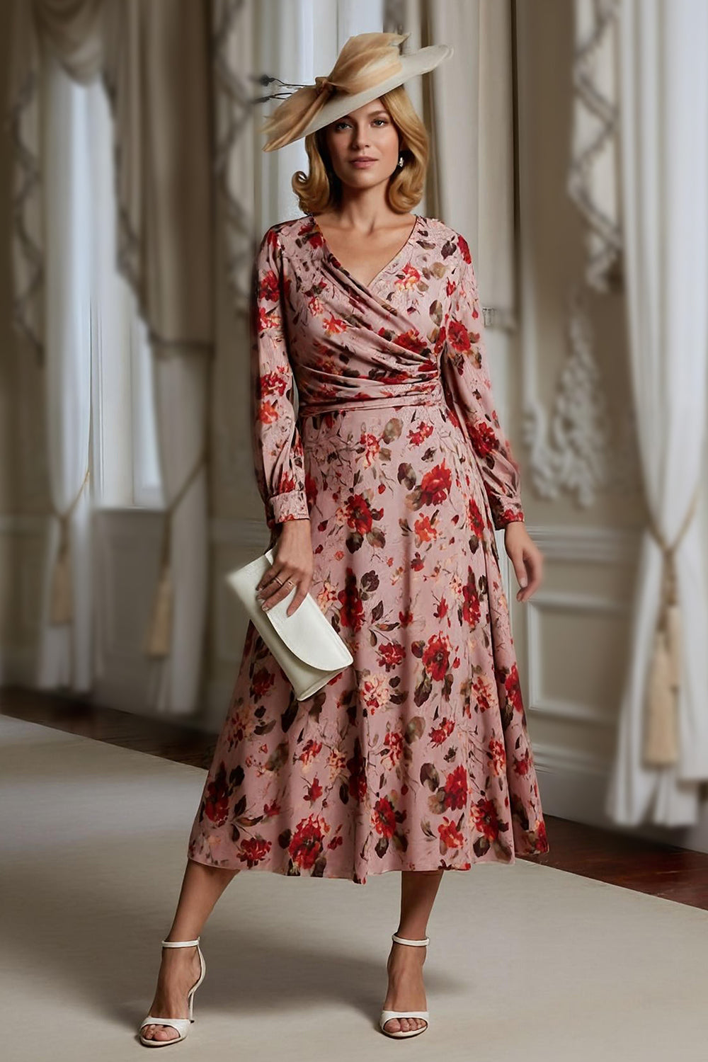 Dusty Rose V Neck Floral Long Mother of the Bride Dress with Sleeves