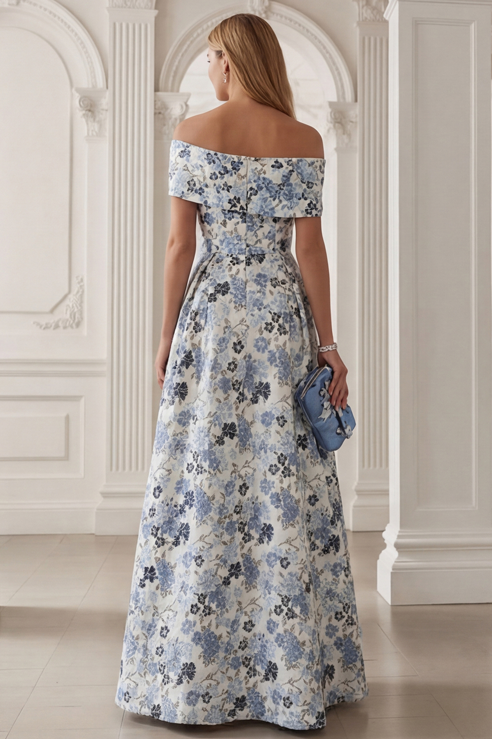 Floral Blue Off the Shoulder A-Line Long Mother of the Bride Dress