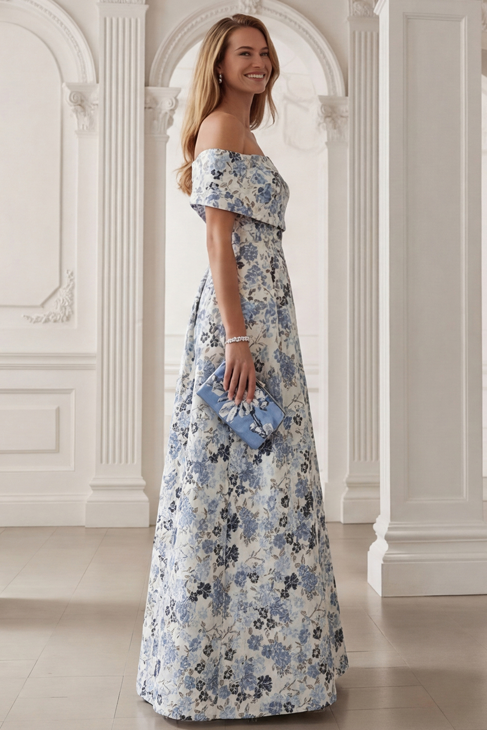 Floral Blue Off the Shoulder A-Line Long Mother of the Bride Dress