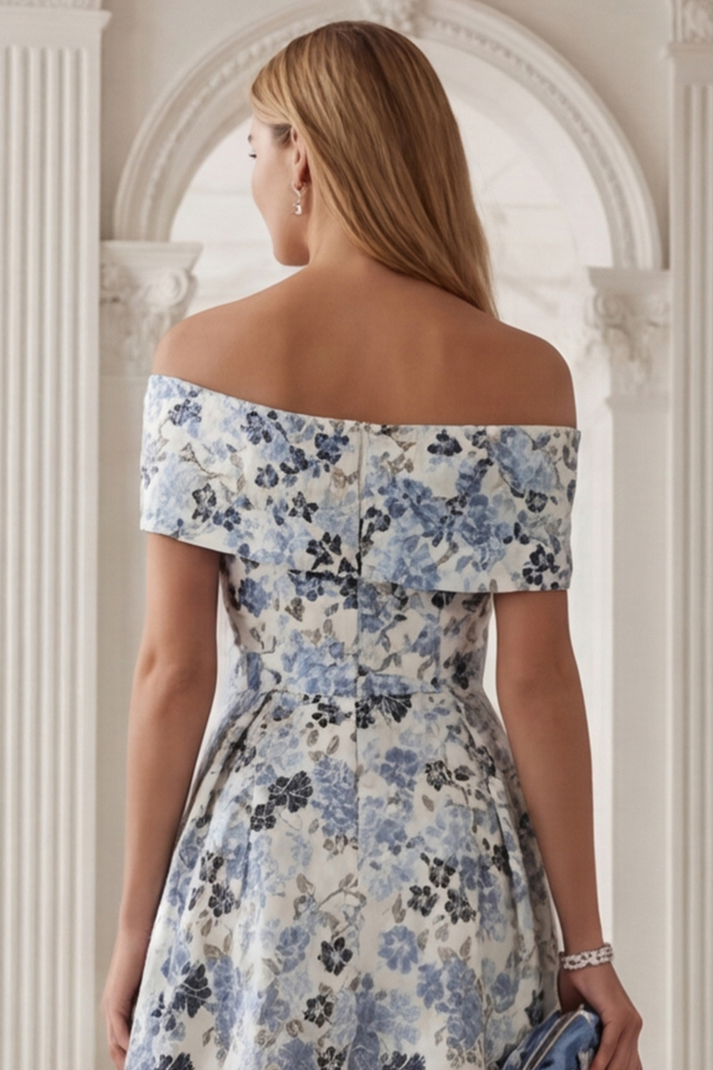 Floral Blue Off the Shoulder A-Line Long Mother of the Bride Dress