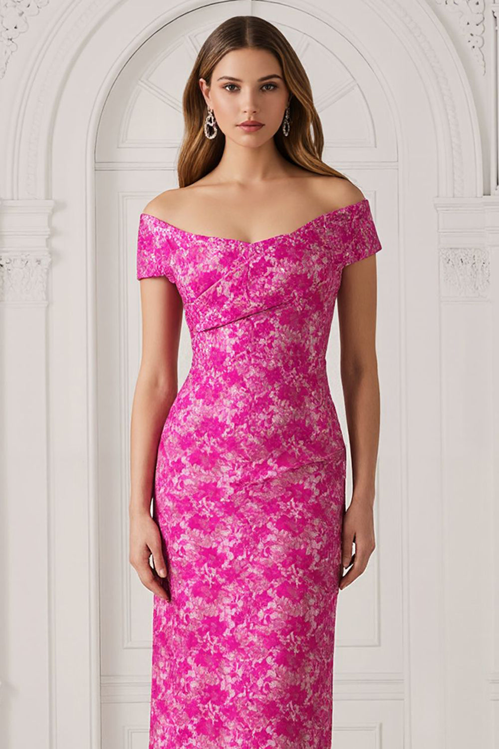 Floral Fuchsia Print Off the Shoulder Long Mother of the Bride Dress