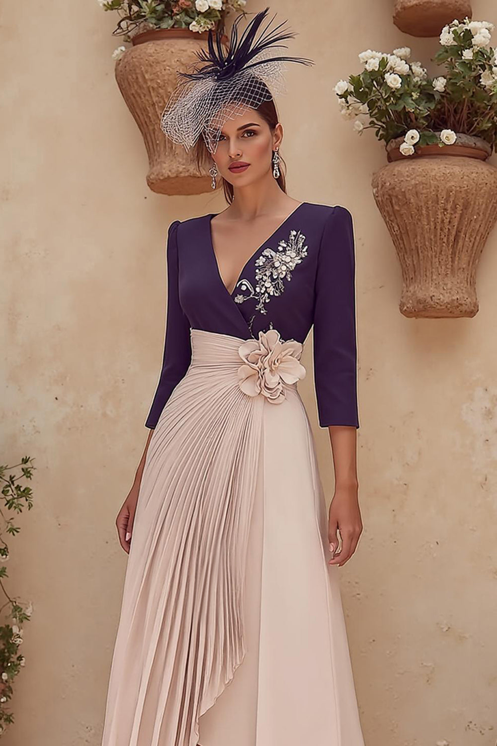 Purple V-Neck Pleated Midi Mother of the Bride Dress with 3D Flower