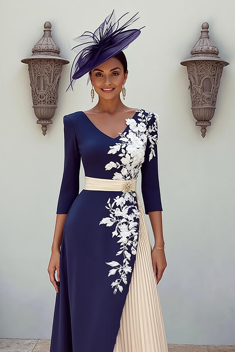 Floral Navy Pleated V-Neck Midi Mother of the Bride Dress with Appliques