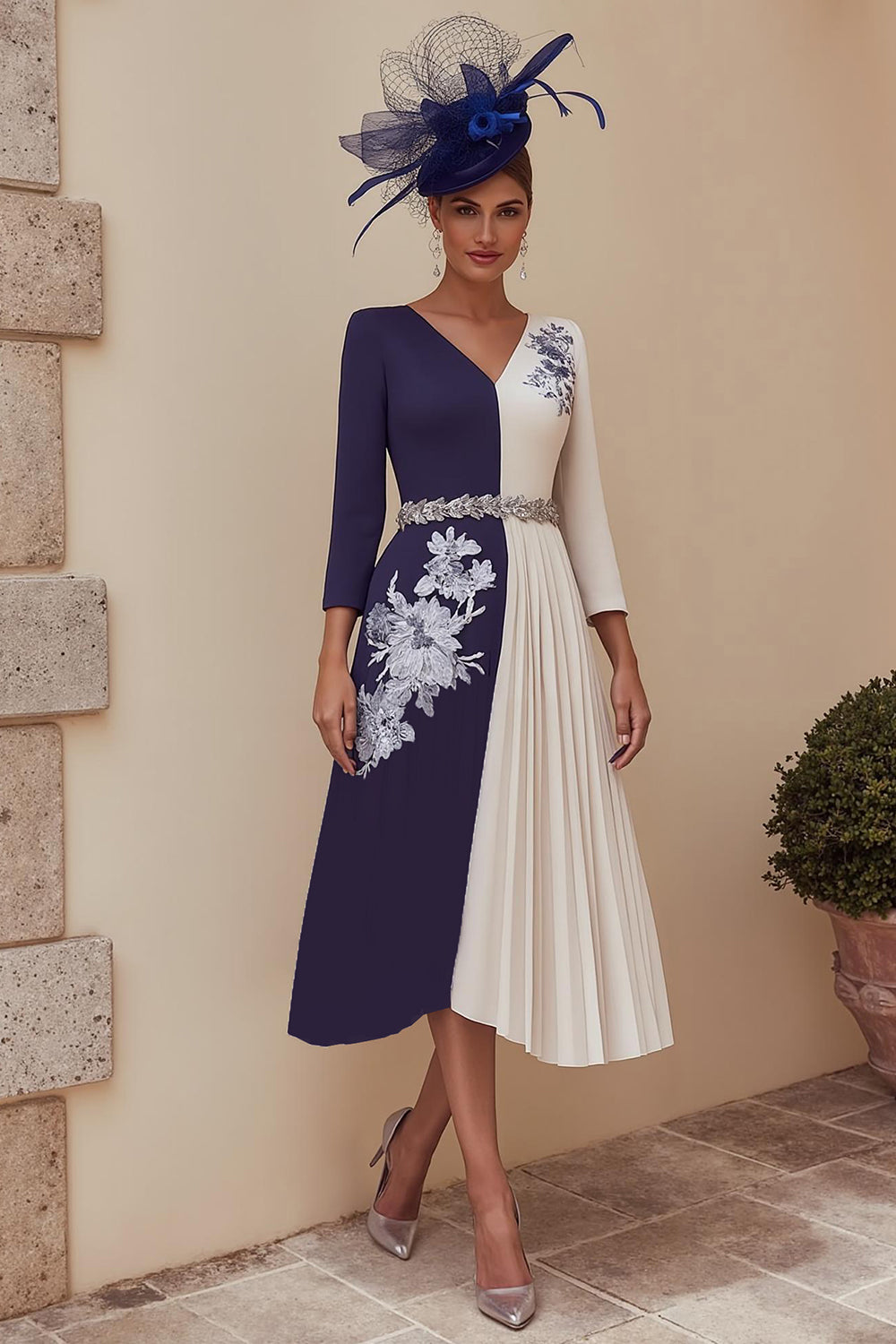 Floral Navy A Line V-Neck Pleated Midi Mother of the Bride Dress with Appliques
