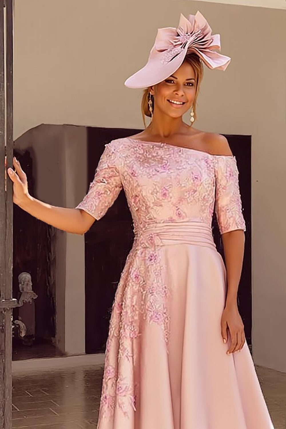 Floral One Shoulder Dusty Rose Midi Mother of the Bride Dress with Appliques