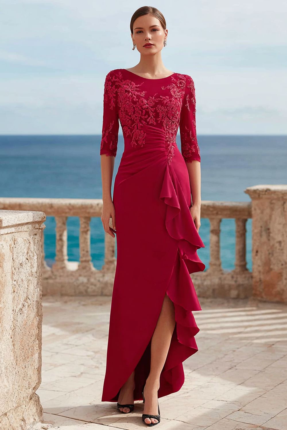 Ruffled Dark Red Appliqued Long Mother of the Bride Dress with Slit