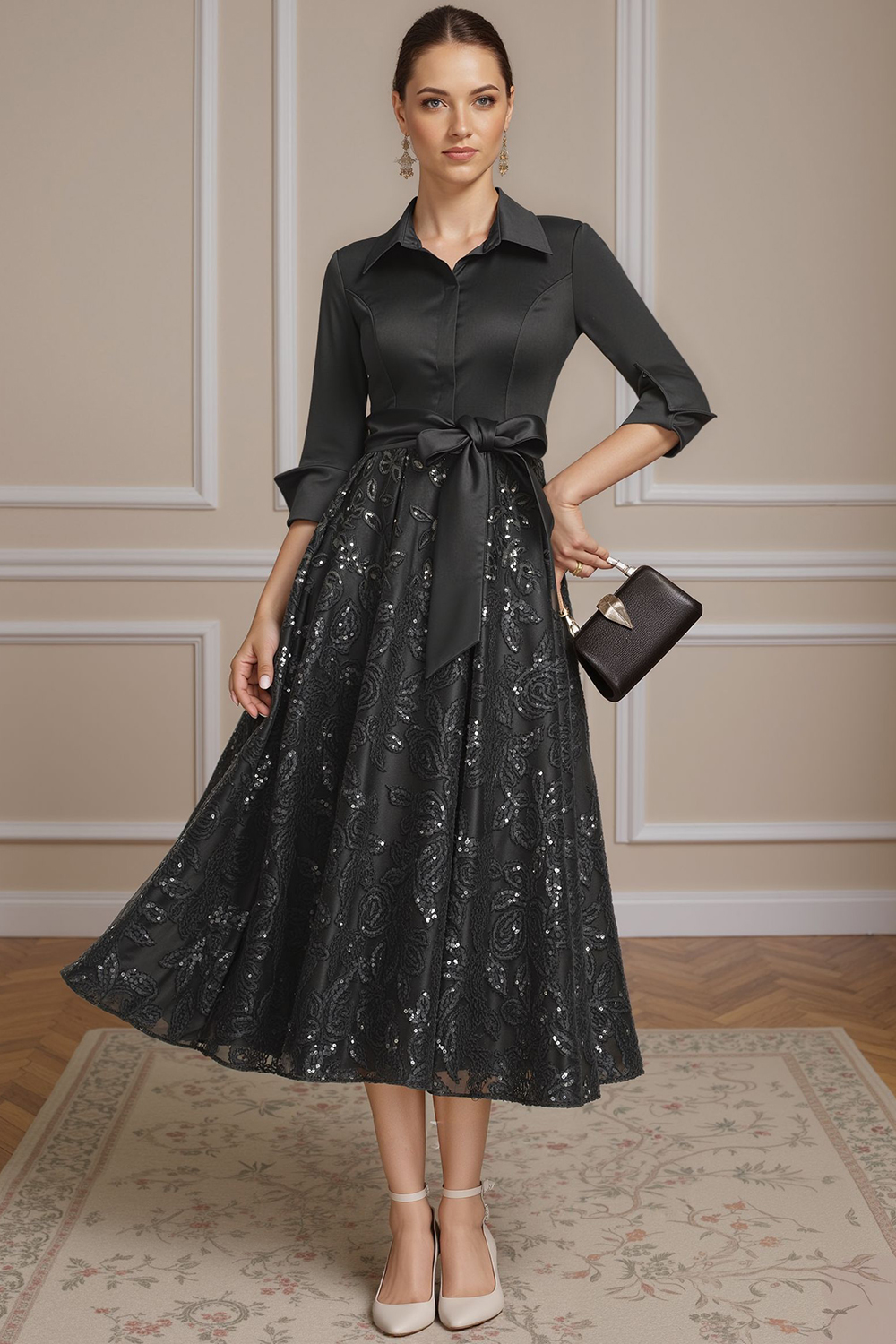 Sparkly Black Sequins Corset Tea-Length Mother of the Bride Dress with Bow