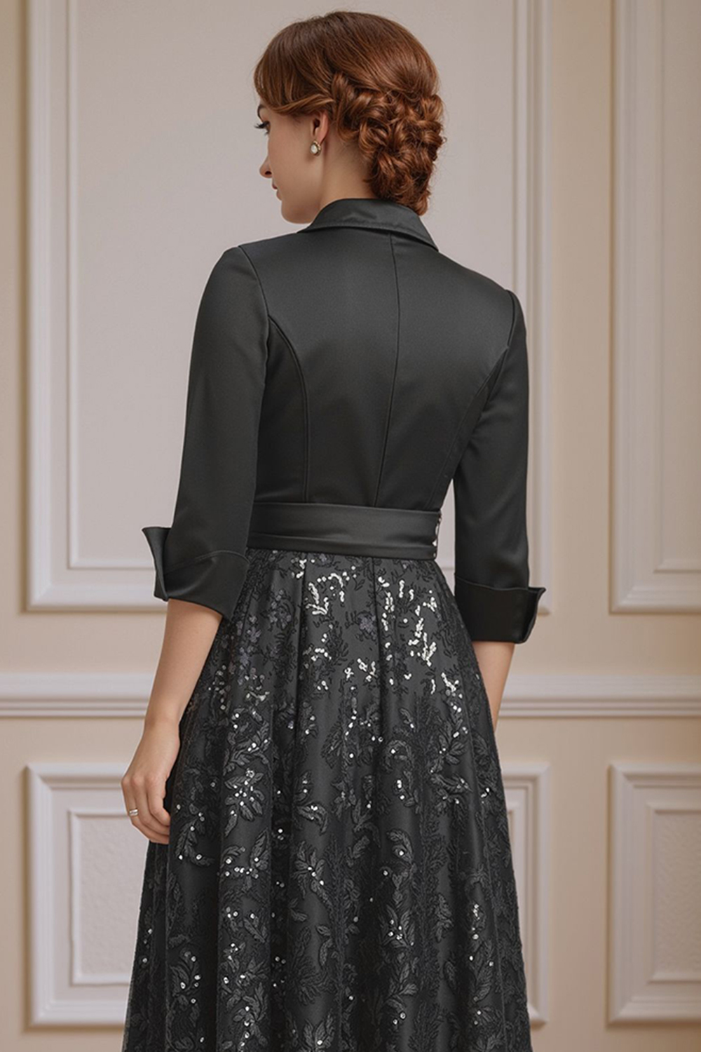 Sparkly Black Sequins Corset Tea-Length Mother of the Bride Dress with Bow