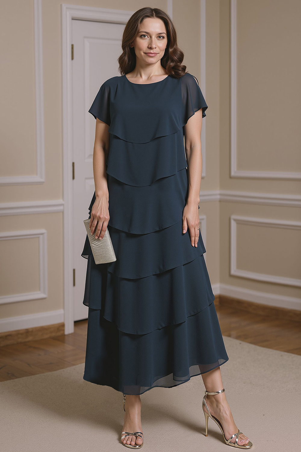 Navy A Line Boat Neck Tiered Tea-Length Mother of the Bride Dress