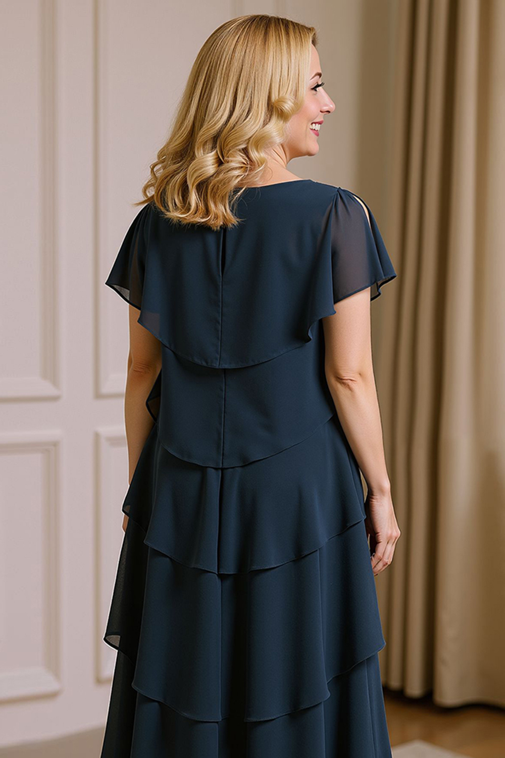 Navy A Line Boat Neck Tiered Tea-Length Mother of the Bride Dress