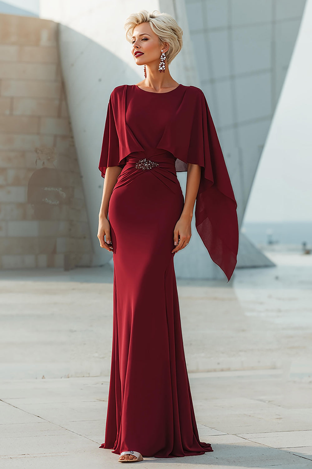 Sparkly Burgundy Mermaid Ruffled Long Mother of the Bride Dress with Cape
