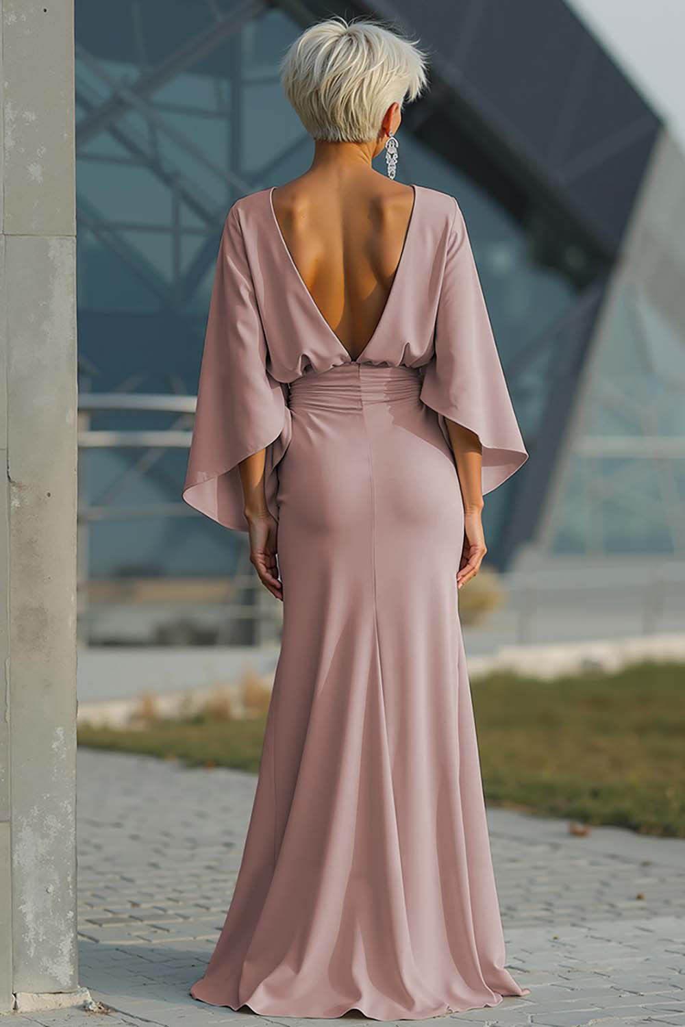 Elegant Dusty Rose Satin Mermaid Backless Long Mother of the Bride Dress with Pockets