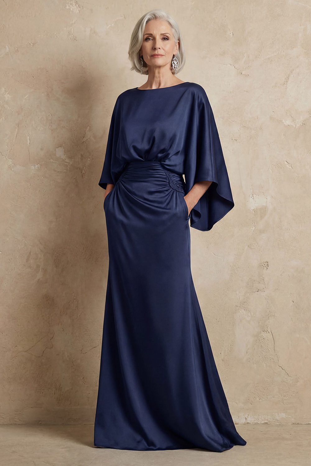 Elegant Dusty Rose Satin Mermaid Backless Long Mother of the Bride Dress with Pockets