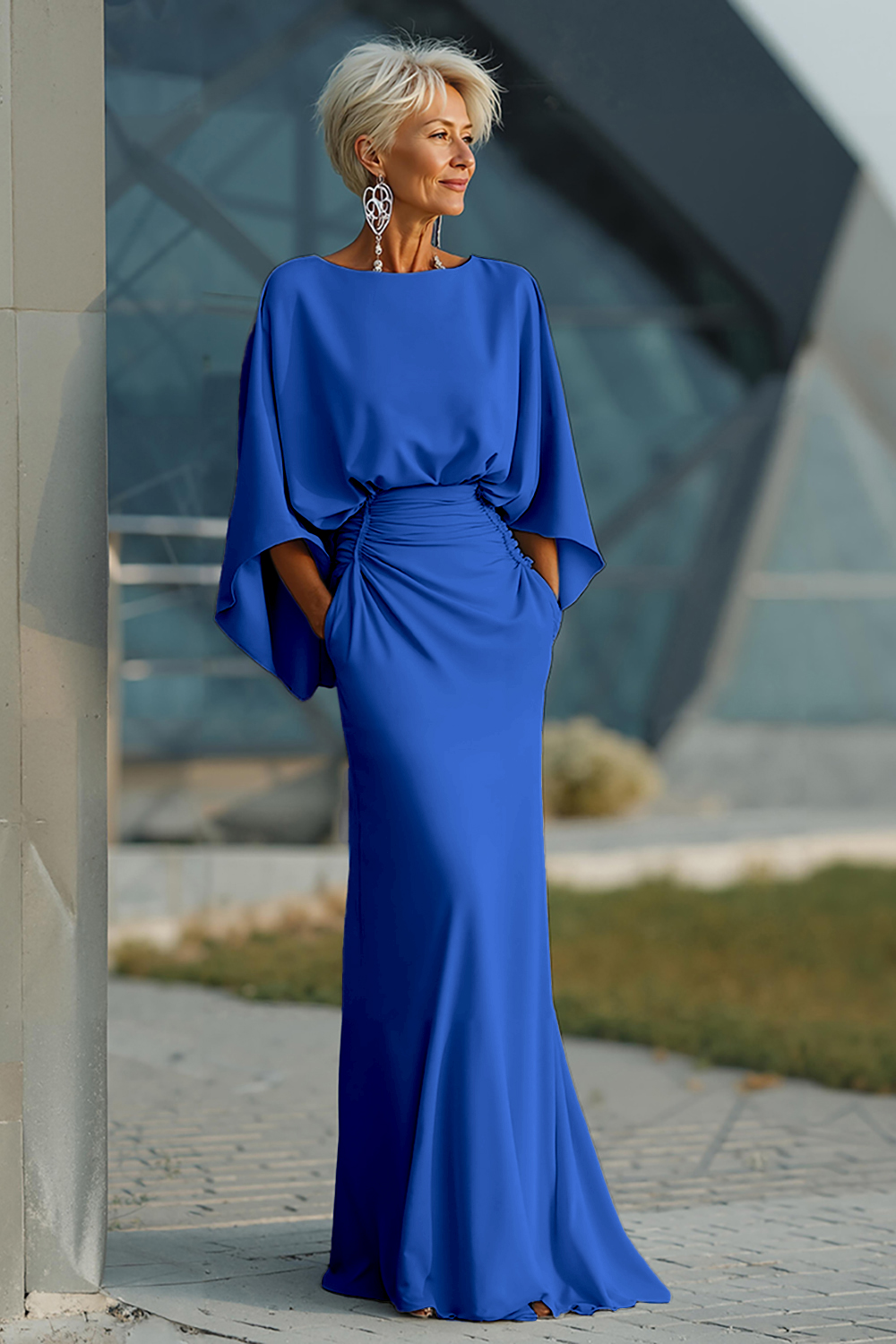 Elegant Navy Satin Mermaid Backless Long Mother of the Bride Dress with Pockets