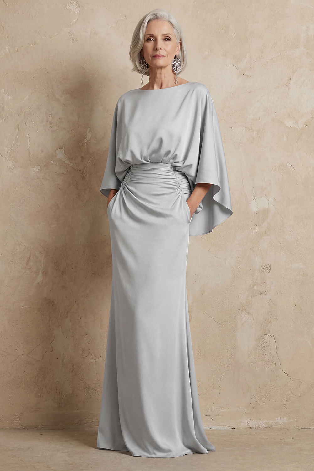 Elegant Dusty Rose Satin Mermaid Backless Long Mother of the Bride Dress with Pockets