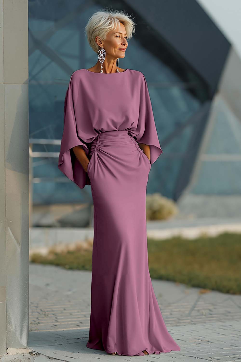 Elegant Dusty Rose Satin Mermaid Backless Long Mother of the Bride Dress with Pockets