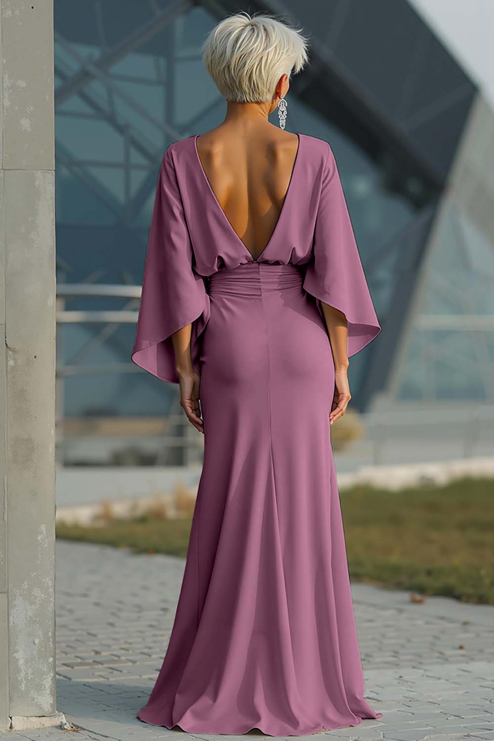 Elegant Dusty Rose Satin Mermaid Backless Long Mother of the Bride Dress with Pockets