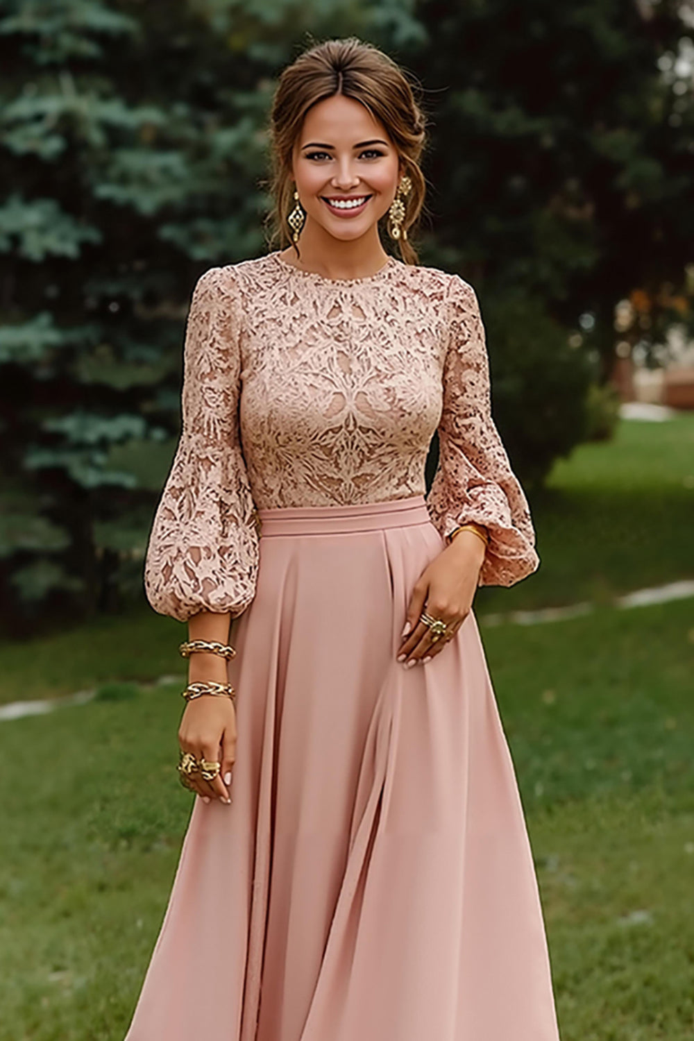 Dusty Rose Long Sleeves A Line Floor Length Mother of the Bride Dress