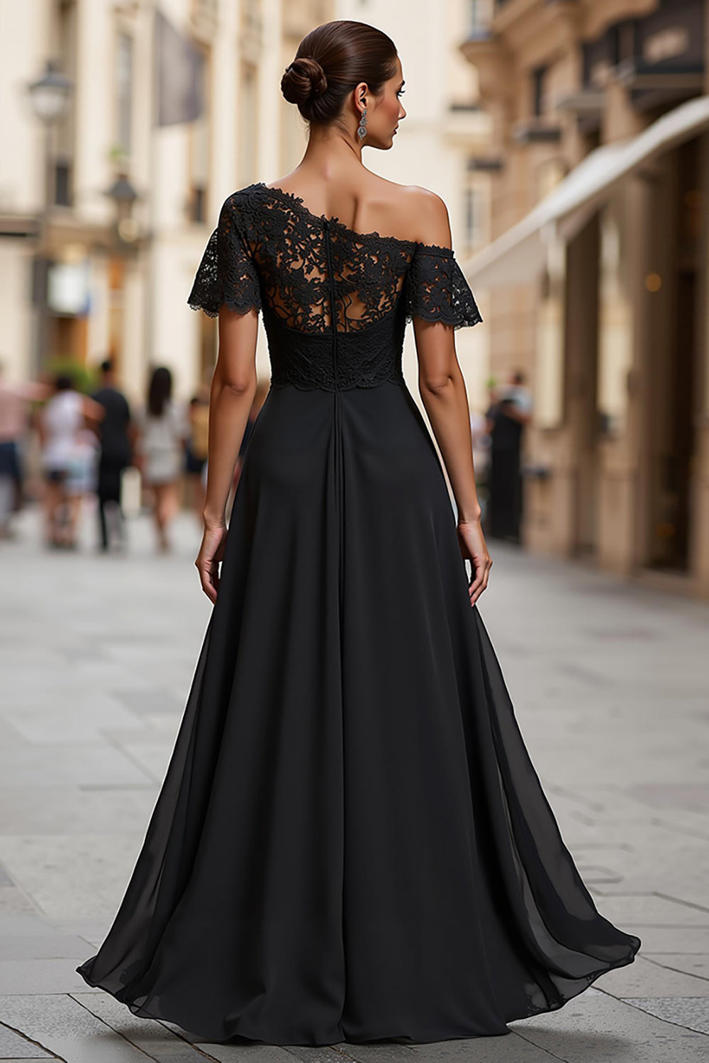 One Shoulder Black A Line Long Mother of the Bride Dress with Lace