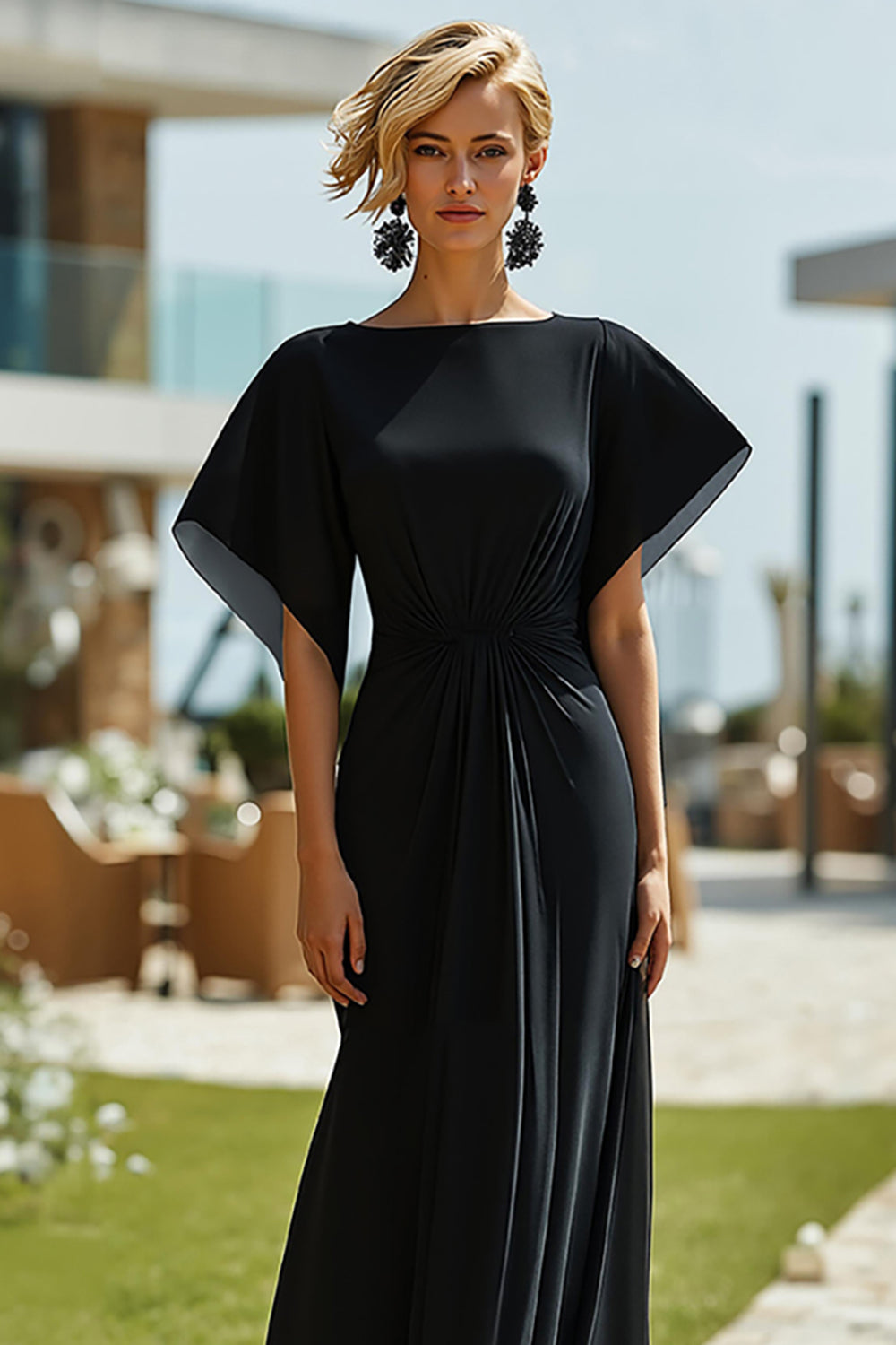 Black Bateau Neck A Line Long Mother of the Bride Dress with Sleeves