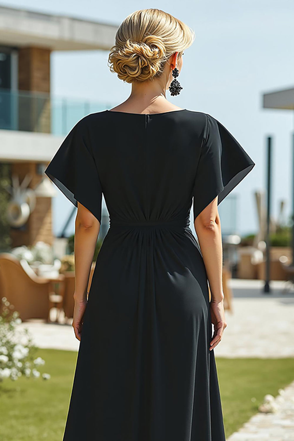 Black Bateau Neck A Line Long Mother of the Bride Dress with Sleeves
