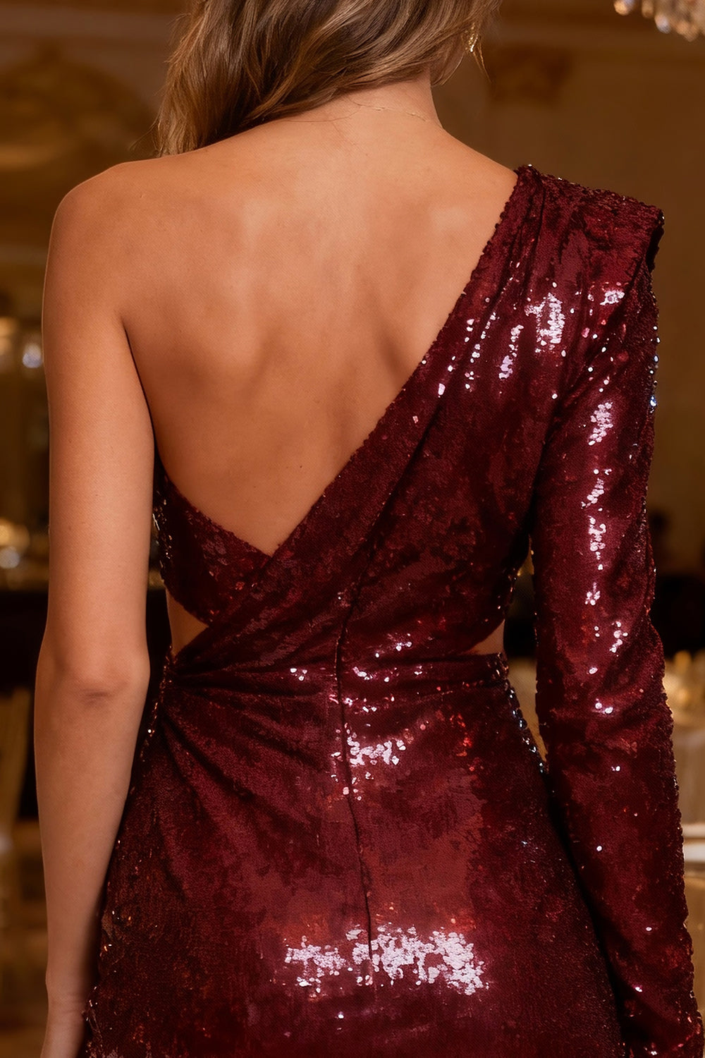 Sparkly Burgundy Cut Out Sequins Bodycon Short Cocktail Dress